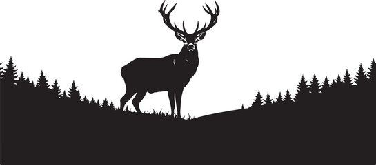 Majestic Deer Stag Silhouette with Forest Landscape on White Background.