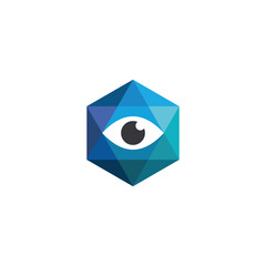 Abstract geometric eye symbol icon in a modern polygonal hexagon shape, representing advanced vision, digital insight, technology, and data security for branding and digital applications