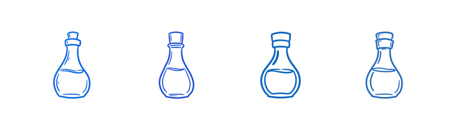 Outline of four laboratory glass flasks in blue line art style  