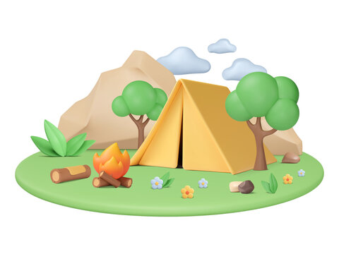 3d landscape with tent, campfire, trees and mountains on background. Cartoon plastic elements. Summer outdoor weekend, campsite in hills and forest. Vector illustration. Adventure, journey banner.