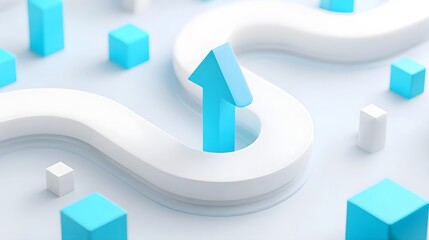 Abstract concept of forward movement and growth represented by a blue arrow on a winding path with scattered geometric shapes in blue and white suggesting strategy and success