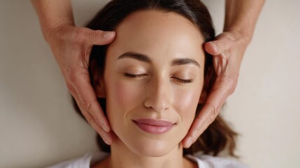 Fototapeta premium Close-up of a woman's face with her eyes closed and her hands gently massaging her head. she appears to be relaxed and enjoying the massage. the woman has dark hair and is wearing a white t-shirt.