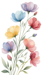 Elegant Watercolor Floral Illustration of Pastel Wildflowers with Delicate Stems and Leaves Isolated on White Background