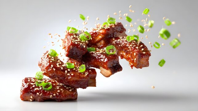 Deliciously glazed pork ribs are garnished with sesame seeds and chopped green onions frozen in a dynamic motion as they appear to float in the air