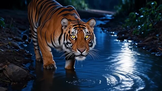 A majestic tiger drinking from a serene stream surrounded by lush greenery at night