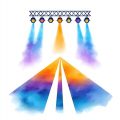 Colorful stage lights illumining runway perception with stylish rainbow palette and artistic vibes on white background