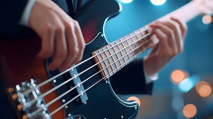 Obraz premium Close up of skilled hands playing a black bass guitar set against a backdrop of blurred blue and orange lights suggesting a live performance atmosphere