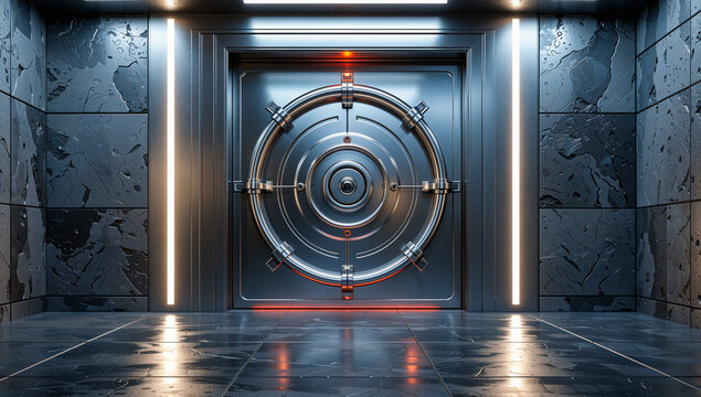 Large Modern Vault Door in Dark High-Tech Room - Powered by Adobe