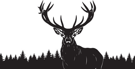 Majestic Deer Stag Silhouette with Forest Landscape on White Background.