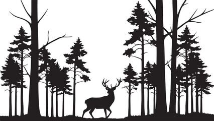 Majestic Deer Stag Silhouette with Forest Landscape on White Background.