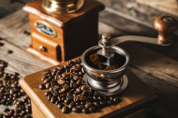 Vintage coffee grinder with fresh beans