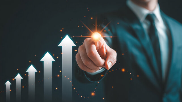 Symbolic leadership concept with anonymous business professional pointing forward toward glowing arrows and future targets. New year business growth theme, modern minimal design, dark background.