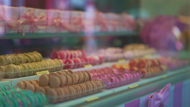 Colorful French macaroons in a pastry shop.