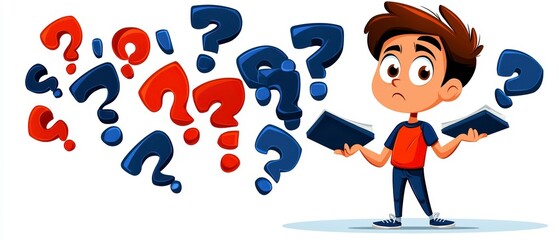 Confused Student Holding Books with Question Marks - Learning Dilemma Illustration