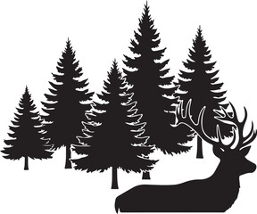 Majestic Deer Stag Silhouette with Forest Landscape on White Background.