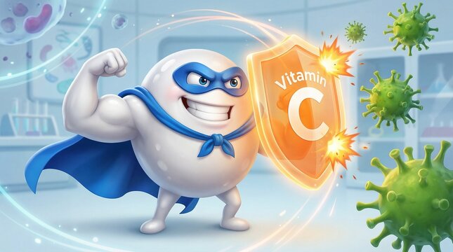 Immunity boost concept illustration of cute 3D superhero white blood cell character blocking virus monsters with glowing Vitamin C shield. Heroic health defense.