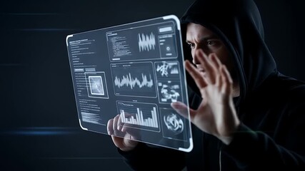 Hacker interacting with futuristic digital interface in dark environment with hood - Powered by Adobe