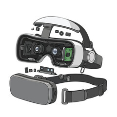 Disassembled virtual reality headset with components laid out on a plain white background, showcasing inner mechanics and parts.
