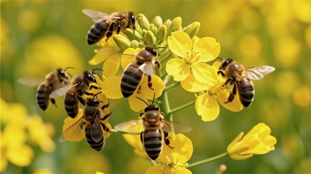 A swarm of bees pollinating vibrant yellow flowers in a sunny field, showcasing nature's vital role in the ecosystem