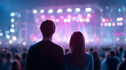A man and woman from behind captivated by a lively music performance with dramatic stage lighting and a crowd visible in the soft focus background