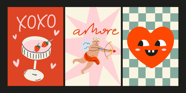 Cartoon groovy posters for St. Valentine's Day in retro style. Romantic backgrounds, greeting cards, prints, wall art, modern text and love concepts. Vector illustrations