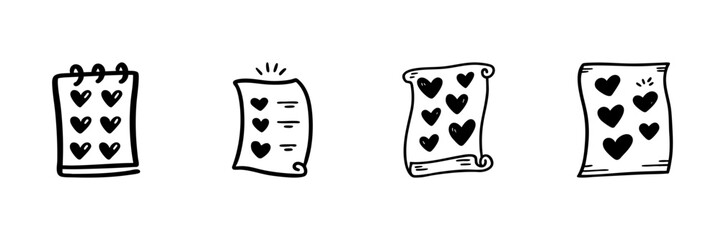 Heart-Themed Paper And Scroll Icons In Hand Drawn Style Set. Love Notes, Romantic Messages, And Affectionate Communication Doodle Sketch Collection. Isolated Vector Illustration