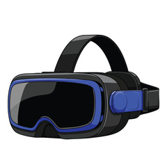 Close-up view of a black virtual reality headset with blue accents on a white background.
