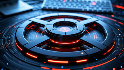 Futuristic Circular Interface with Glowing Red Lights