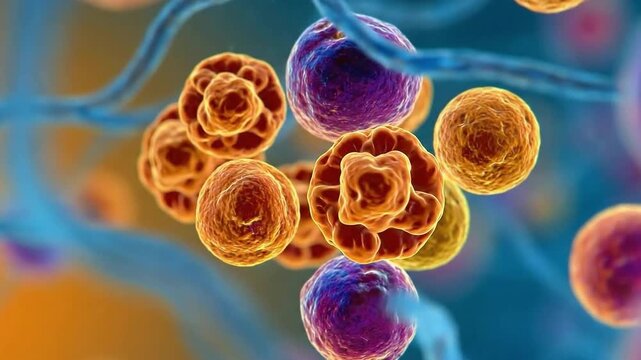 Vibrant Microbial Cells Under a Microscope Displaying Intricate Structures and Colorful Patterns