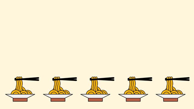 Five identical bowls of yellow ramen noodles are arranged in a neat horizontal line across the bottom of a pale cream colored rectangular background.