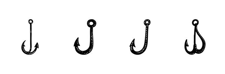 Fishing Hooks In Hand Drawn Style Set. Angling Equipment, Baiting Tools, Recreational Fishing Doodle Sketch Collection. Nautical Adventure Essentials. Isolated Vector Illustration