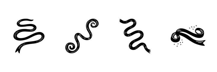 Fototapeta premium Curved Ribbon And Swirl Elements In Hand Drawn Style Set. Decorative Design, Artistic Flourishes, And Embellishments Doodle Sketch Collection. Isolated Vector Illustration