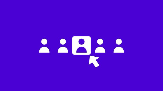 A white cursor arrow clicks on a specific person icon within a row of figures to pick the user from the available group on a bright purple screen.
