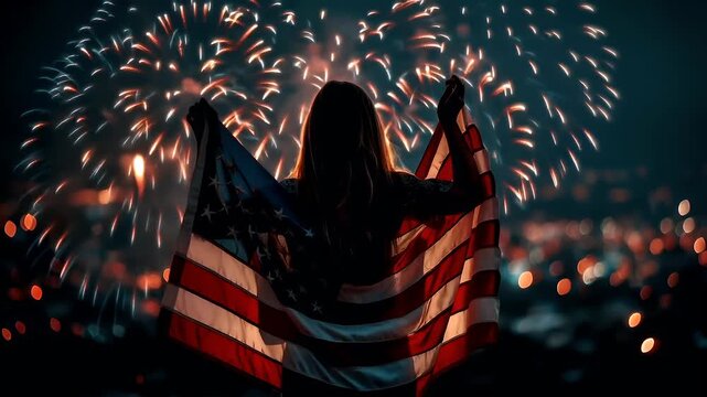 A silhouette of a person holding an American flag against a backdrop of fireworks. The style is cinematic with a focus on the interplay of light and shadow, creating a sense of depth and dimension.