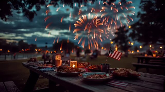 A nighttime scene featuring a picnic table laden with food and drinks. The table is set against a backdrop of a twilight sky with fireworks illuminating the scene.