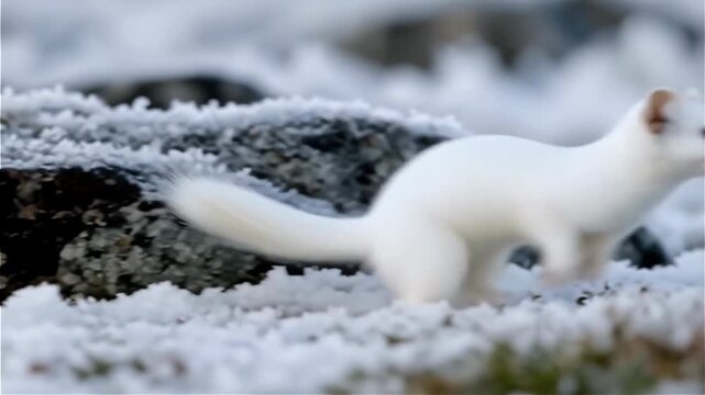 A white weasel gracefully moving among snowy rocks, showcasing its vibrant fur and playful demeanor against a winter landscape