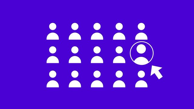 Within a large grid of many participants a white cursor arrow moves to pick the user located in the center of the purple digital display screen.