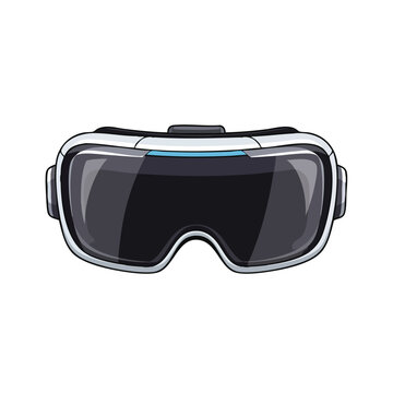 A sleek virtual reality headset with black lenses and a silver frame against a clean white background.