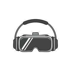 A grayscale illustration of virtual reality goggles with a headband and earpieces on a white background.