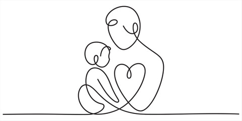 A beautiful minimalist continuous line drawing depicting the strong bond between parent and child Vector, illustration