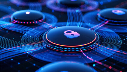 Futuristic Digital Security Network with Unlocked Padlocks