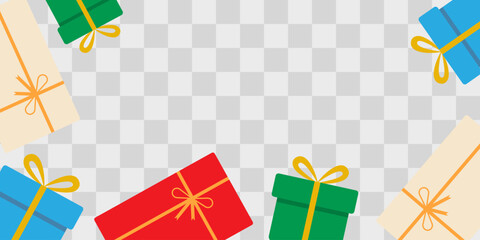 Various Multicolor Giftboxes Rectangular frame Border Banner format Holiday Copy space Template idea. Isolated Vector illustration Greetings Thematic Cards Invite Promo Banner, leaflets, media posting