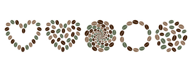 Heart shape and Round Frames and Backdrops made of multicolor coffee Beans Copy space Template Set. Isolated Vector illustration Coffee Thematic or Menu Card design elements Flyer Banner, leaflet, tag