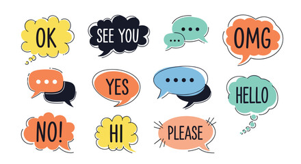 Collection of colorful hand-drawn speech bubbles featuring common phrases like hello hi yes no please and see you soon.