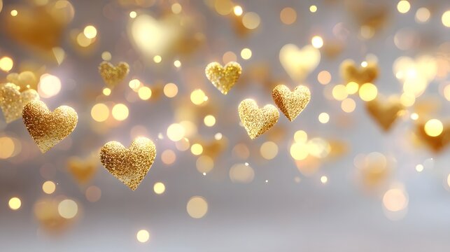 A dreamy abstract background features shimmering golden glitter hearts and glowing bokeh lights perfect for romantic celeb ns Valentine s Day or festive occasions