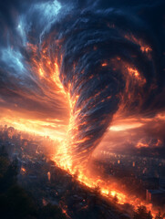 Massive fire tornado striking a city with burning streets, collapsing buildings, and huge storm clouds, a climate change disaster and environmental crisis.