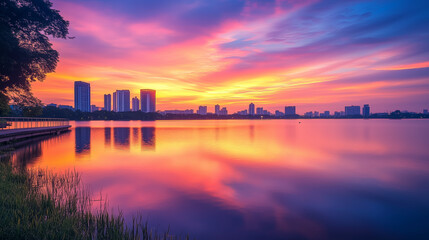 A magnificent city skyline at dusk, with a vibrant pink and purple sky reflecting on the water.