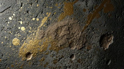 A dark, rough industrial texture featuring splashes of metallic gold paint.