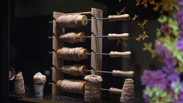 Traditional Czech trdelnik pastry cooking in Prague.