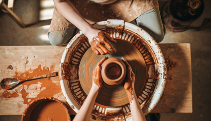 Female Potter Hands Shaping Clay Vase On Pottery Wheel In Workshop